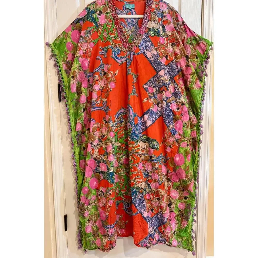 ANTICA SARTORIA FLOWER GARDEN GREAT BEADWORK Cotton Caftan, Coverup, Tunic OS - Picture 2 of 9